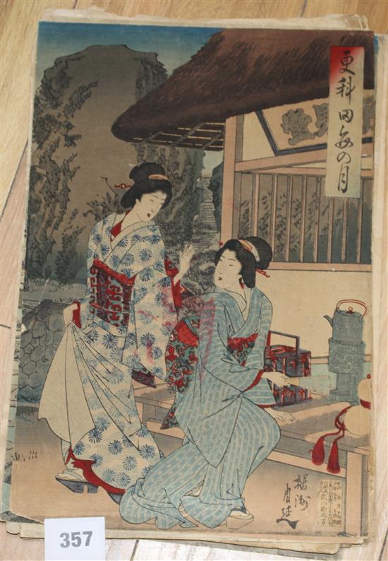 A group of eighteen Japanese woodblock prints, unframed, 36 x 24cm